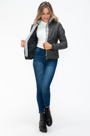 YMI Faux Layered Double-Zipper Jacket with Fuzzy Hood - Teresa's Fashionista LLC