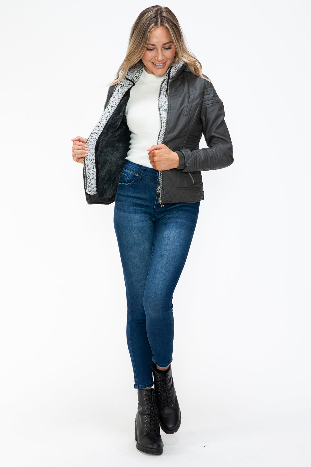 YMI Faux Layered Double-Zipper Jacket with Fuzzy Hood - Teresa's Fashionista LLC