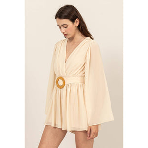 Plunging Neckline Bell Sleeve Romper