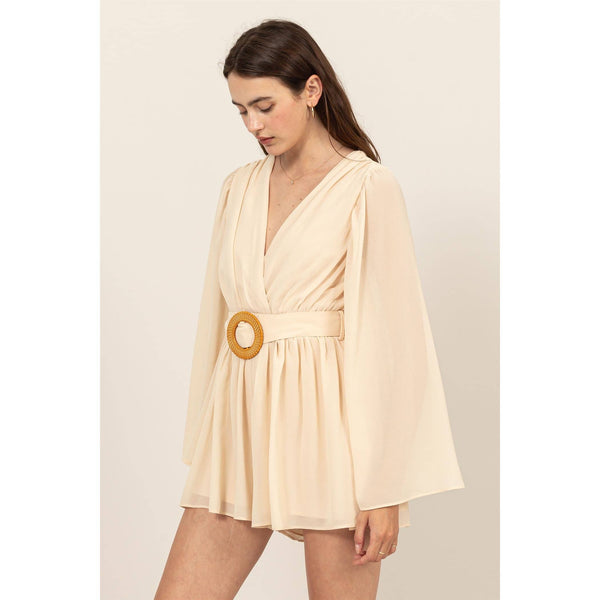 Plunging Neckline Bell Sleeve Romper