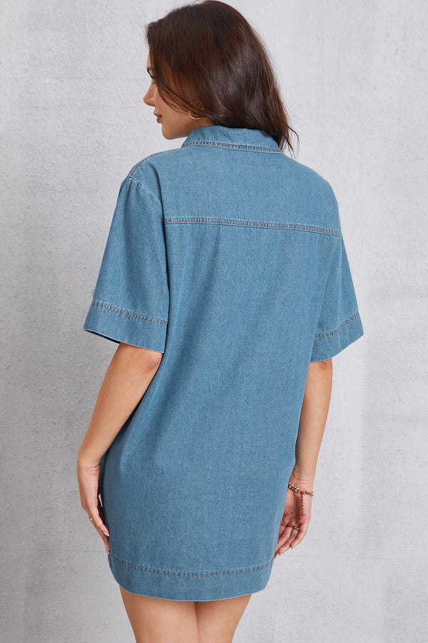 Pocketed Collared Neck Mini Denim Dress-Teresa's Fashionista LLC