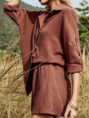 Texture Button Up Shirt and Shorts Set-Teresa's Fashionista LLC