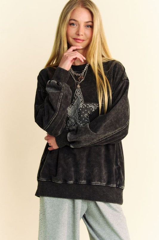 Davi & Dani Stud Star Patch Acid Washed Sweatshirt - Teresa's Fashionista LLC