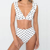 2pcs Black And White Polka Dot Print Swimsuit Sexy Ruffled Deep V-neck Bikini Set Summer Beach Womens Clothing - Teresa's Fashionista LLC