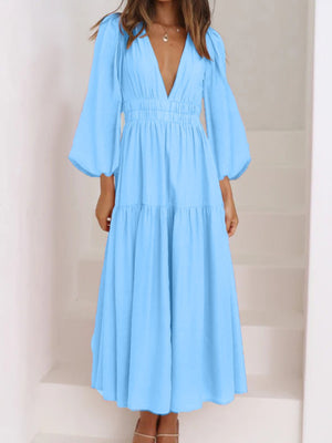 Deep V-Neck Balloon Sleeve Plain Maxi Dress-Teresa's Fashionista LLC