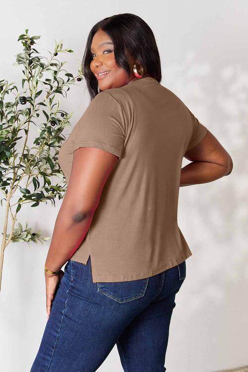 Basic Bae full-size round neck short sleeve t-shirt in brown, featuring a slit detail and slightly stretchy rayon-spandex blend.