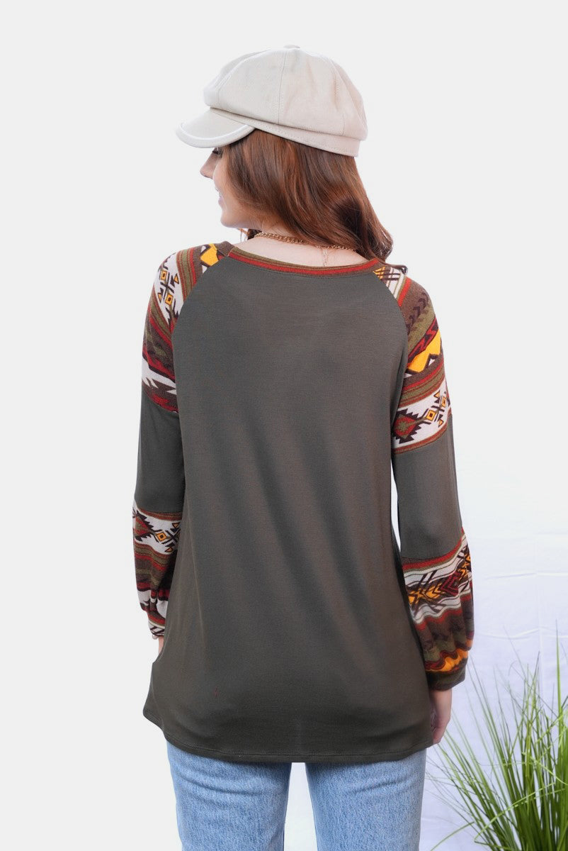 Celeste Full Size Geometric Round Neck Long Sleeve Top - Teresa's Fashionista LLC