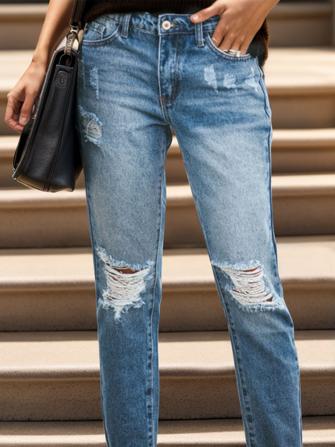 Distressed Raw Hem Jeans with Pockets - Teresa's Fashionista LLC