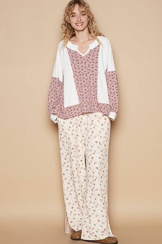 POL Waffle Knit Floral Notched Long Sleeve Top - Teresa's Fashionista LLC