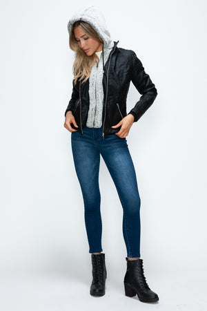 YMI Faux Layered Double-Zipper Jacket with Fuzzy Hood - Teresa's Fashionista LLC