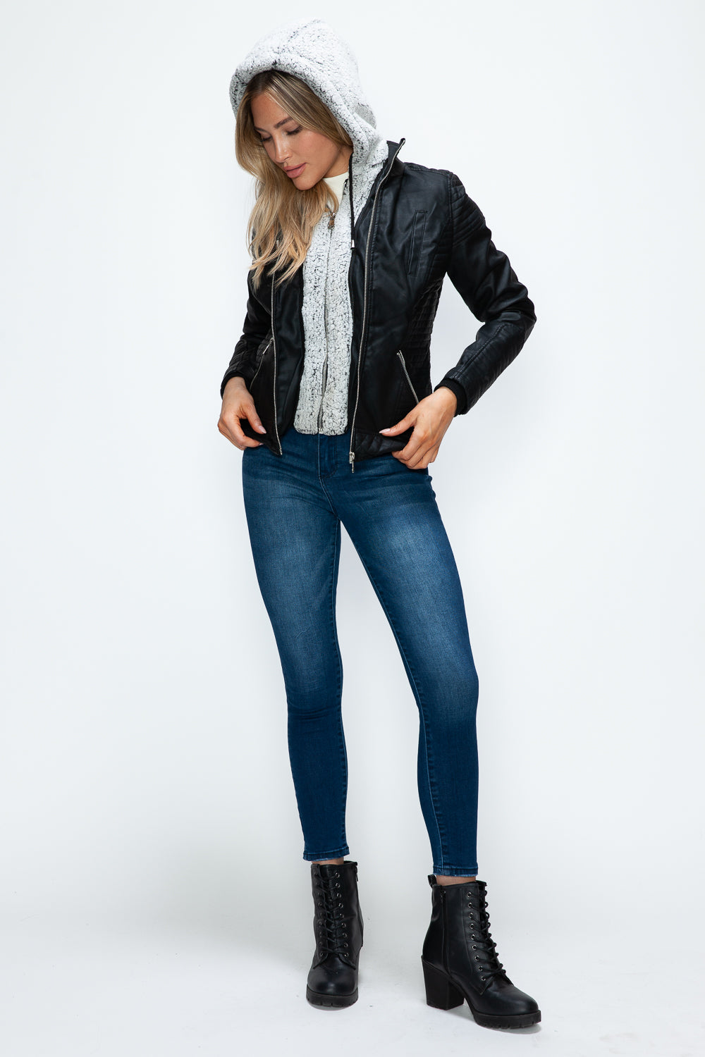 YMI Faux Layered Double-Zipper Jacket with Fuzzy Hood - Teresa's Fashionista LLC