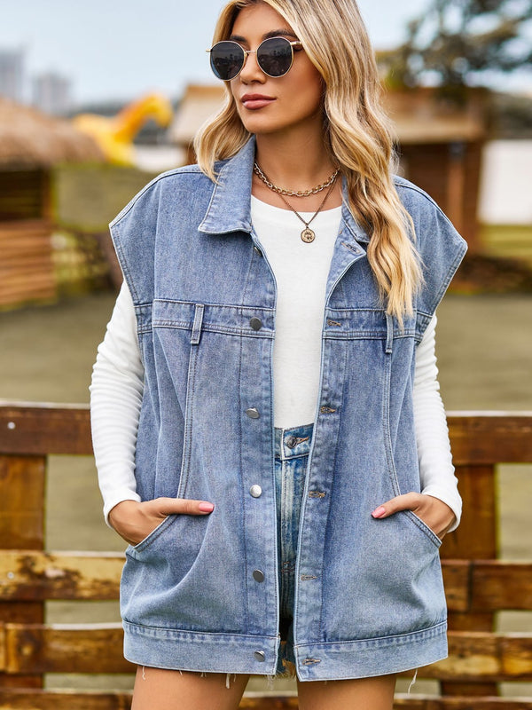 Button Up Collared Neck Sleeveless Denim Jacket-Teresa's Fashionista LLC