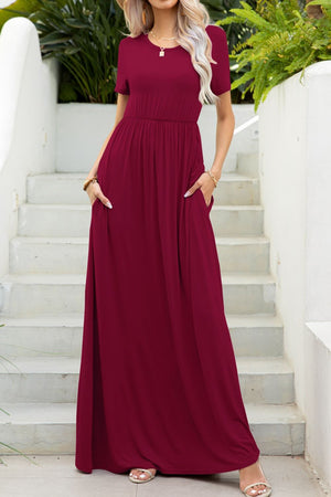 Round Neck Maxi Tee Dress with Pockets-Teresa's Fashionista LLC