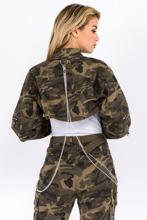 American Bazi Camouflage Cropped Jacket with Chains - Teresa's Fashionista LLC