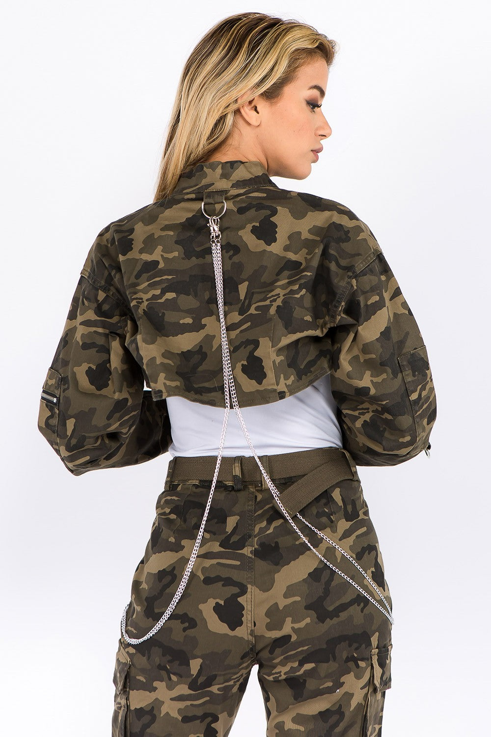 American Bazi Camouflage Cropped Jacket with Chains - Teresa's Fashionista LLC