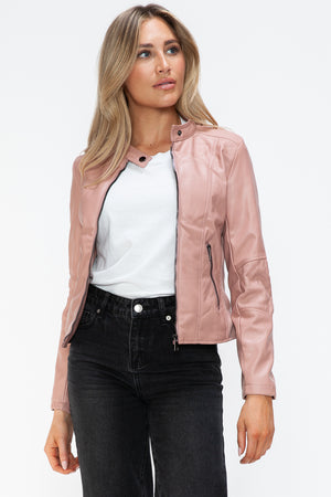 Snobbish Faux Leather Zip Up Drawstring Hooded Jacket - Teresa's Fashionista LLC