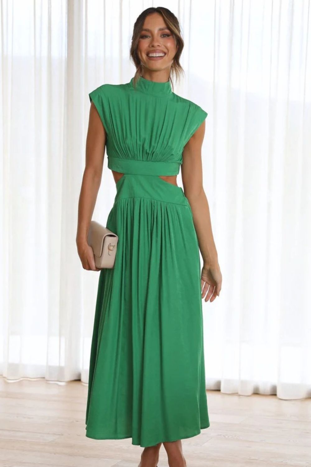 Cutout Mock Neck Sleeveless Ruched Dress-Teresa's Fashionista LLC
