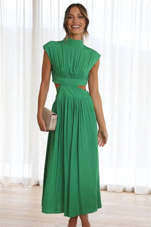Cutout Mock Neck Sleeveless Ruched Dress-Teresa's Fashionista LLC