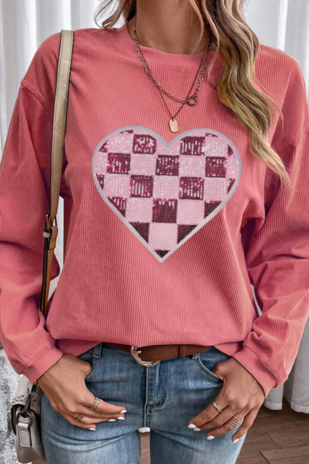 Valentine’s Day Sequin Checkered Heart Long Sleeve Sweatshirt - Teresa's Fashionista LLC