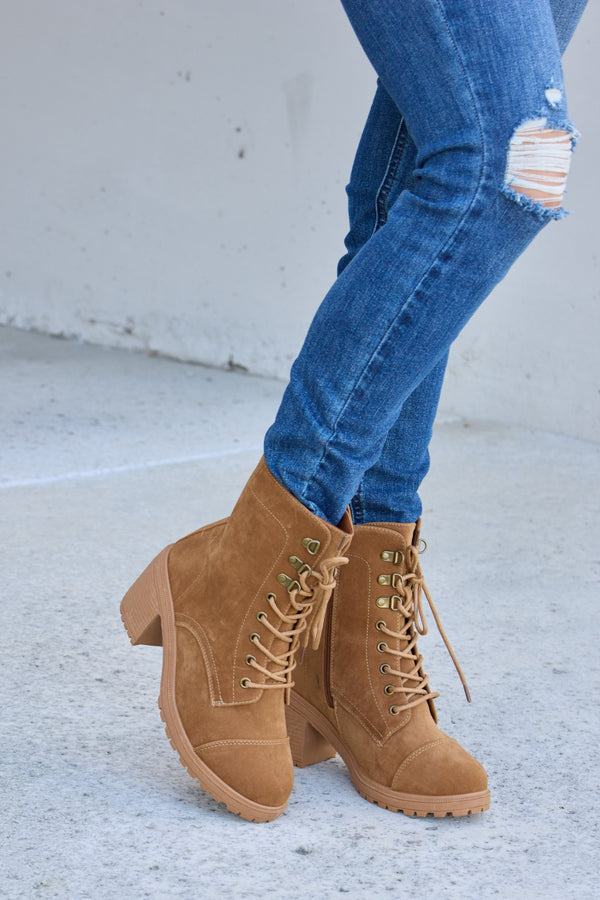 Forever Link Lace-Up Zipper Detail Block Heel Boots-Teresa's Fashionista LLC
