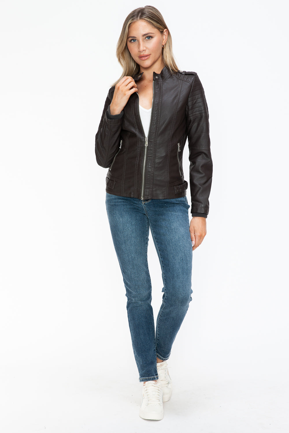 Snobbish PU Leather Biker Jacket with Side Zip Pockets - Teresa's Fashionista LLC