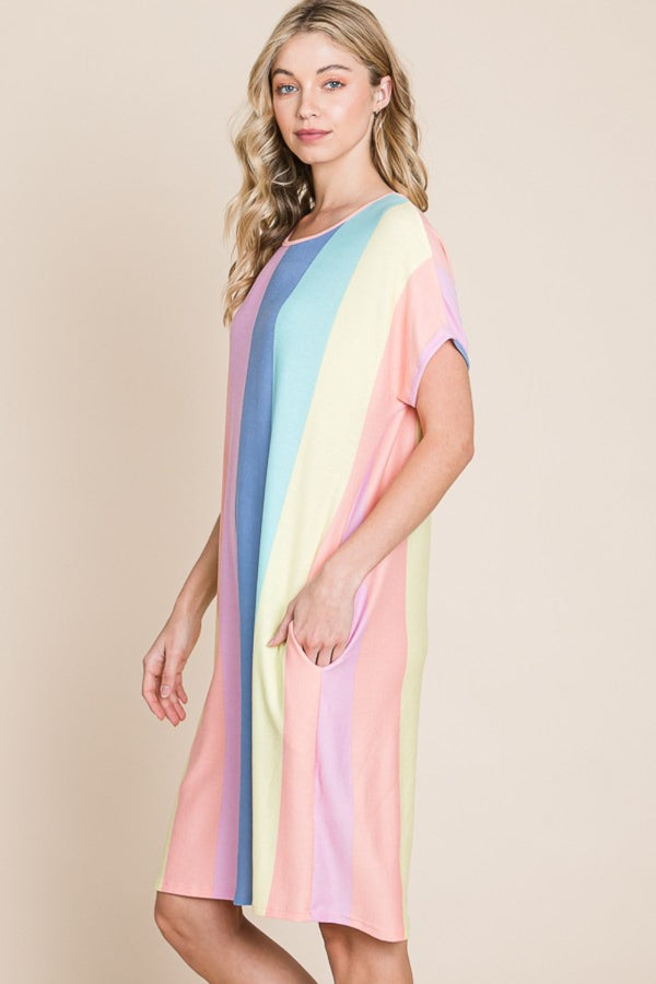 BOMBOM Striped Short Sleeve Dress with Pockets-Teresa's Fashionista LLC