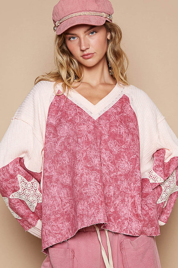 POL Lace Detail Floral Pattern V Neck Top - Teresa's Fashionista LLC