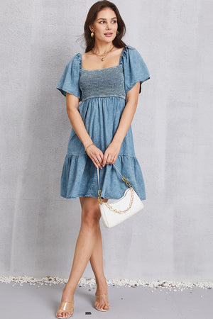 Smocked Square Neck Mini Denim Dress-Teresa's Fashionista LLC