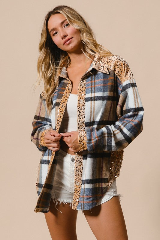 BiBi Curved Hem Sequin Plaid Button Up Shacket - Teresa's Fashionista LLC