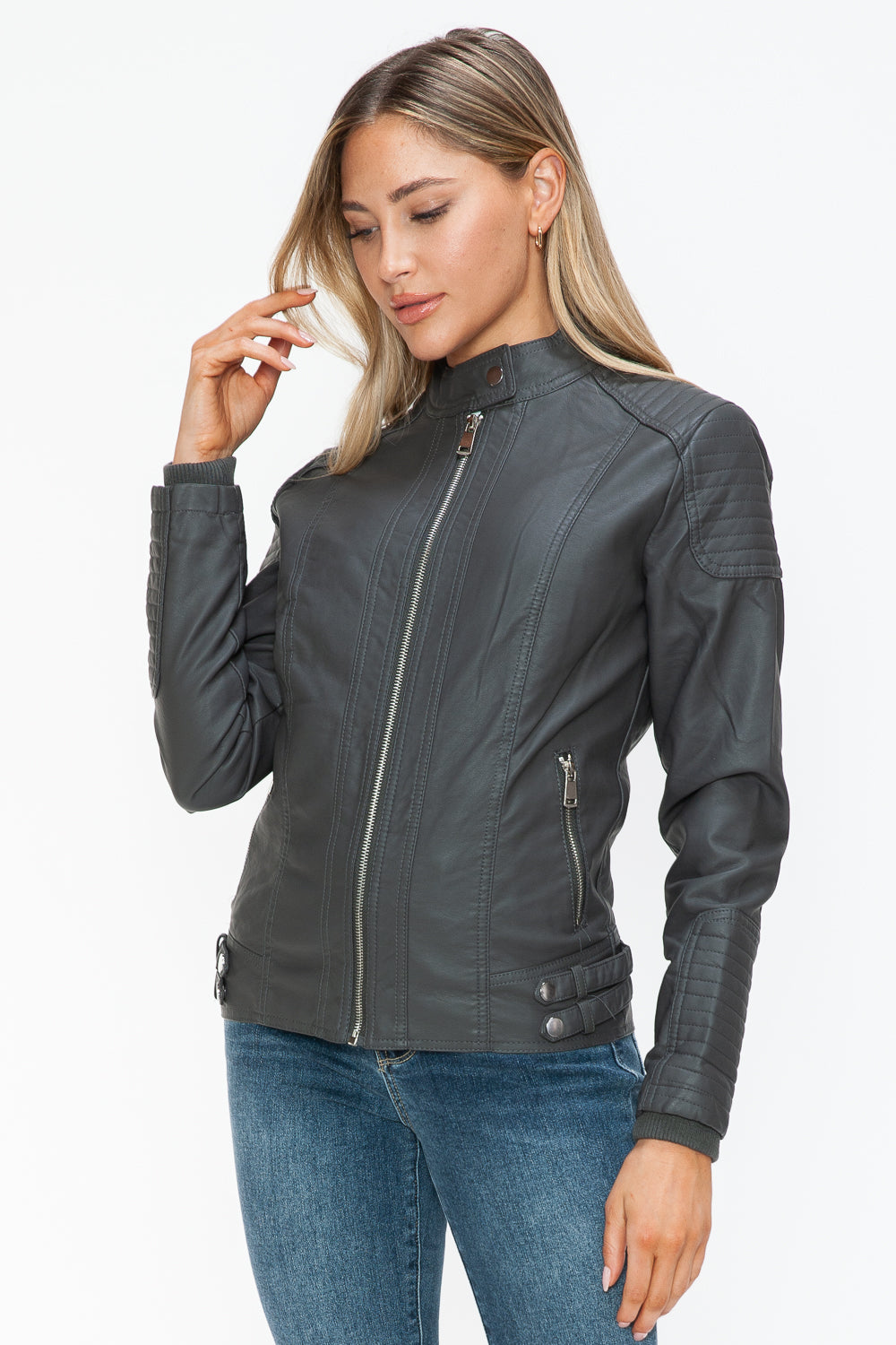 Snobbish Faux Leather Biker Jacket with Side Zip Pockets - Teresa's Fashionista LLC