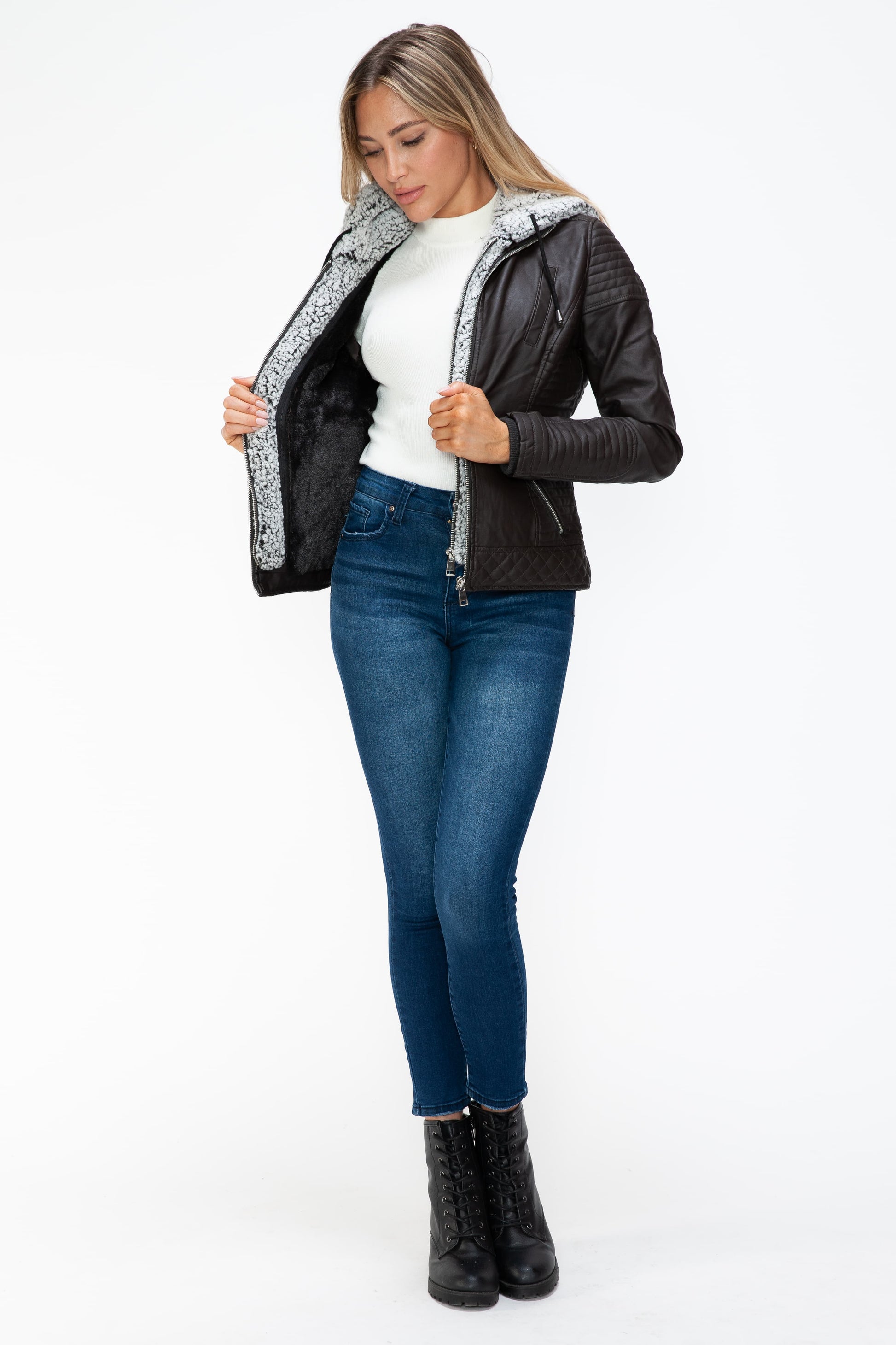 YMI Faux Layered Double-Zipper Jacket with Fuzzy Hood - Teresa's Fashionista LLC