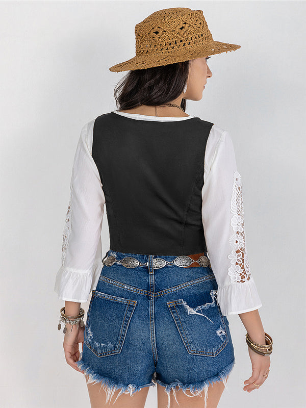 Fringe Lace-Up Vest-Teresa's Fashionista LLC