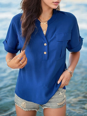 Buttoned Notched Short Sleeve Blouse-Teresa's Fashionista LLC