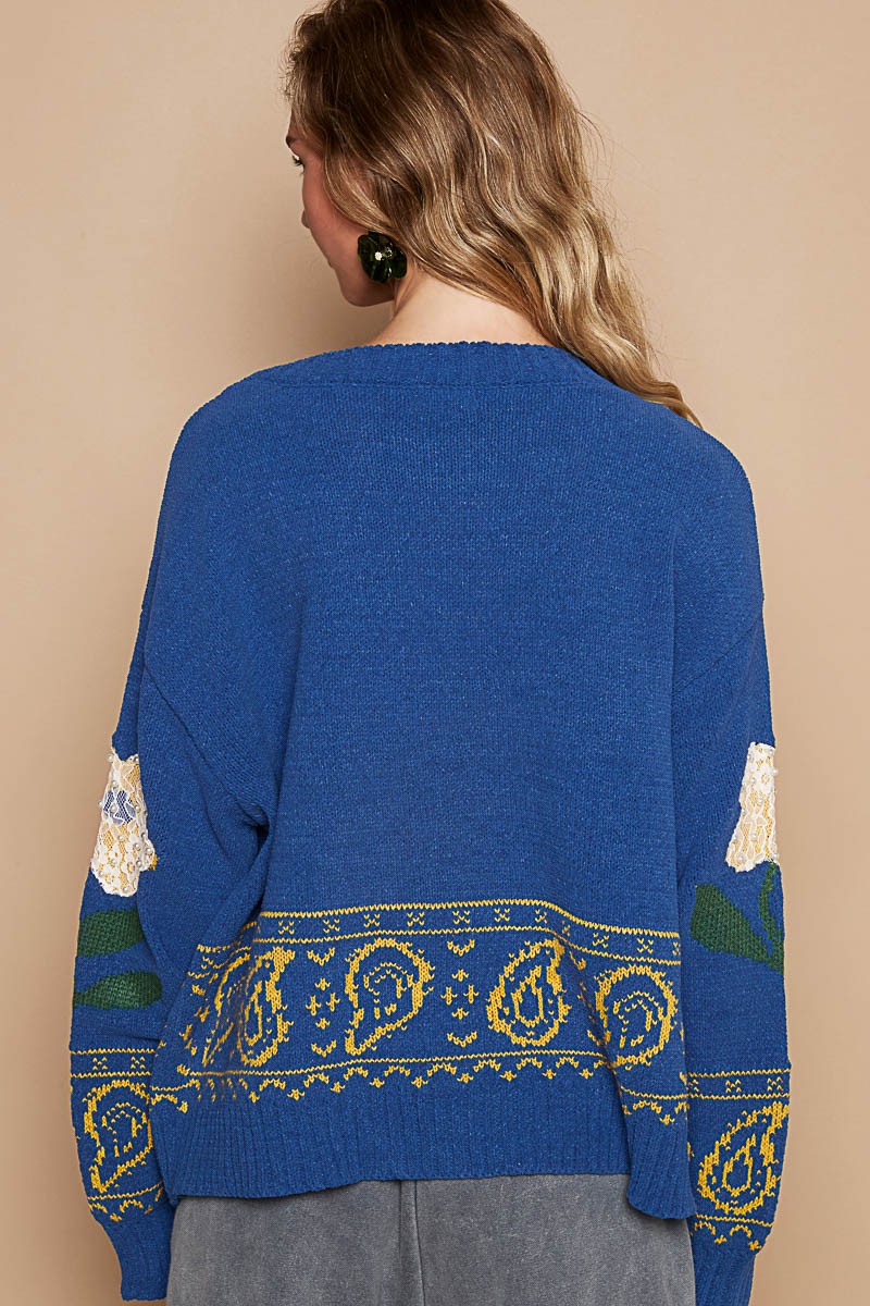 POL Flower Lace Patch Long Sleeve Sweater - Teresa's Fashionista LLC