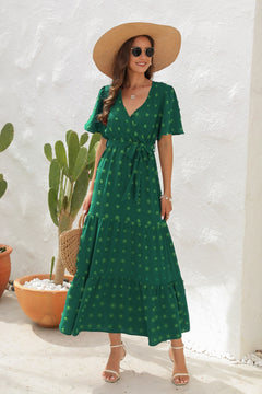 Swiss Dot Tied Surplice Short Sleeve Dress-Teresa's Fashionista LLC