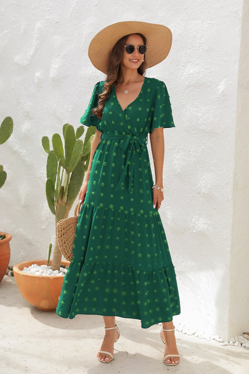 Swiss Dot Tied Surplice Short Sleeve Dress-Teresa's Fashionista LLC
