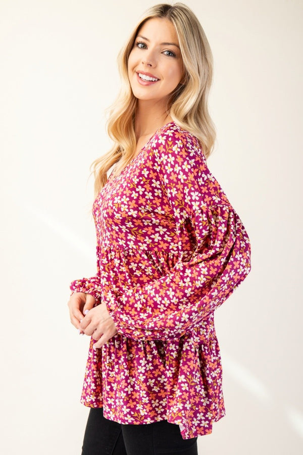 Celeste Full Size Floral V-Neck Balloon Sleeve Blouse - Teresa's Fashionista LLC