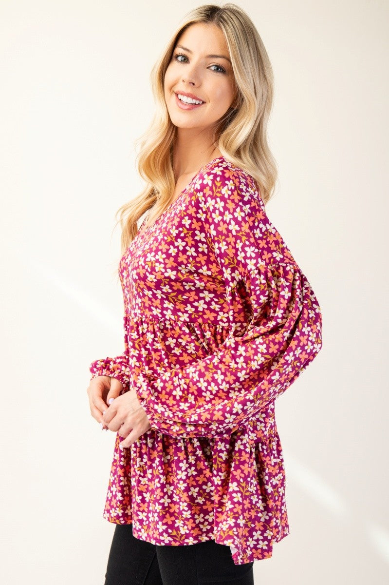Celeste Full Size Floral V-Neck Balloon Sleeve Blouse - Teresa's Fashionista LLC