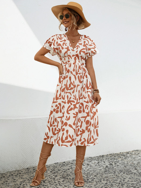 Printed V-Neck Short Sleeve Dress-Teresa's Fashionista LLC