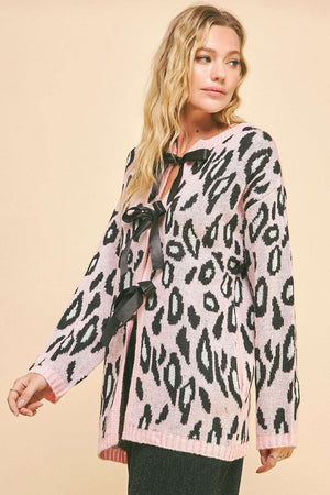 Davi & Dani Leopard Ribbon Tie Front Loose Fit Cardigan - Teresa's Fashionista LLC