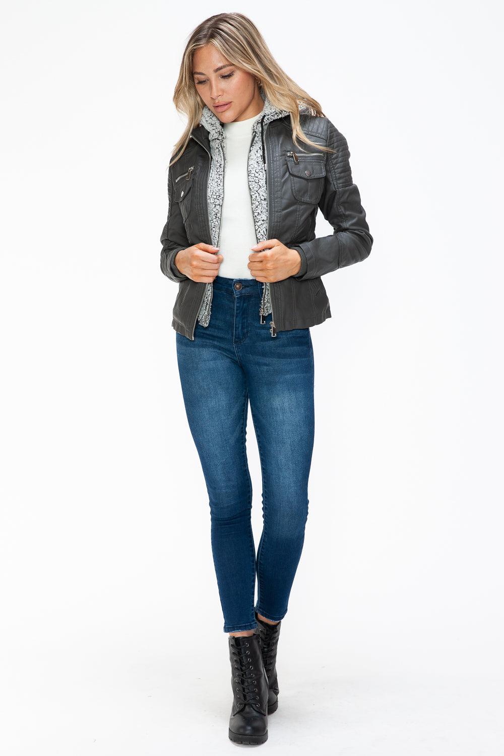 YMI Removable Faux Layered Multi-Pocket Jacket with Fuzzy Hood - Teresa's Fashionista LLC