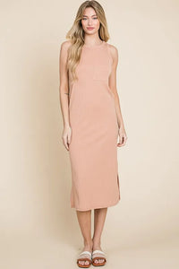 BOMBOM Ribbed Knit Sleeveless Midi Dress