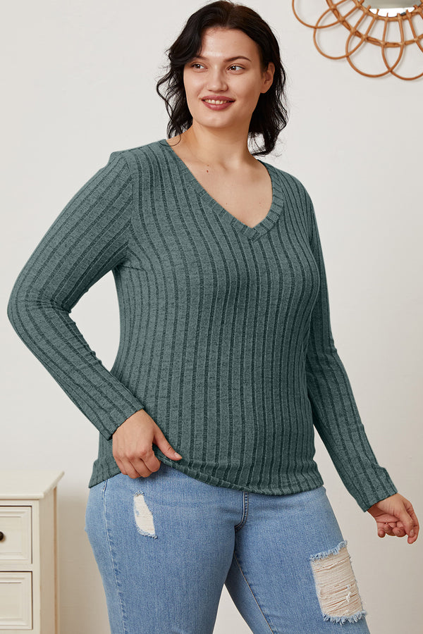 Basic Bae Full Size Ribbed V-Neck Long Sleeve T-Shirt-Teresa's Fashionista LLC