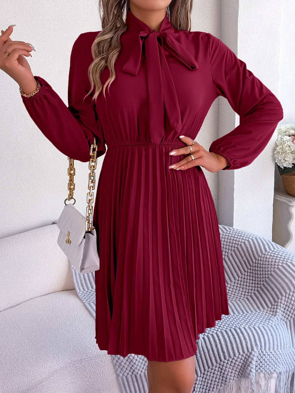 Tie Neck Balloon Sleeve Pleated Dress-Teresa's Fashionista LLC