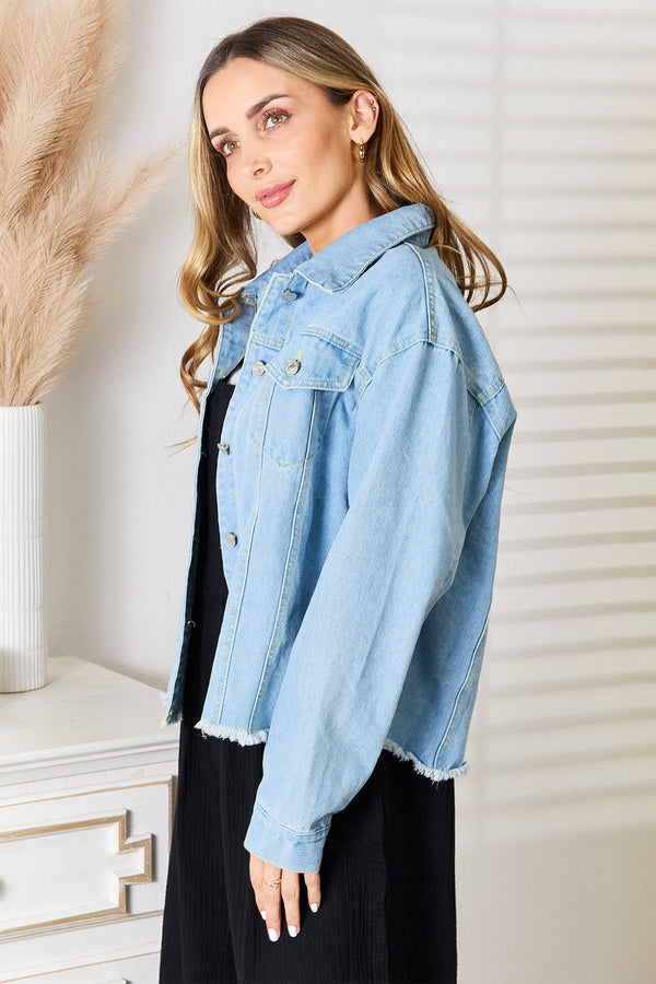 Double Take Dropped Shoulder Raw Hem Denim Jacket-Teresa's Fashionista LLC