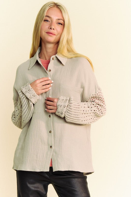 Davi & Dani Crochet Sleeve Crinkled Texture Shirt - Teresa's Fashionista LLC