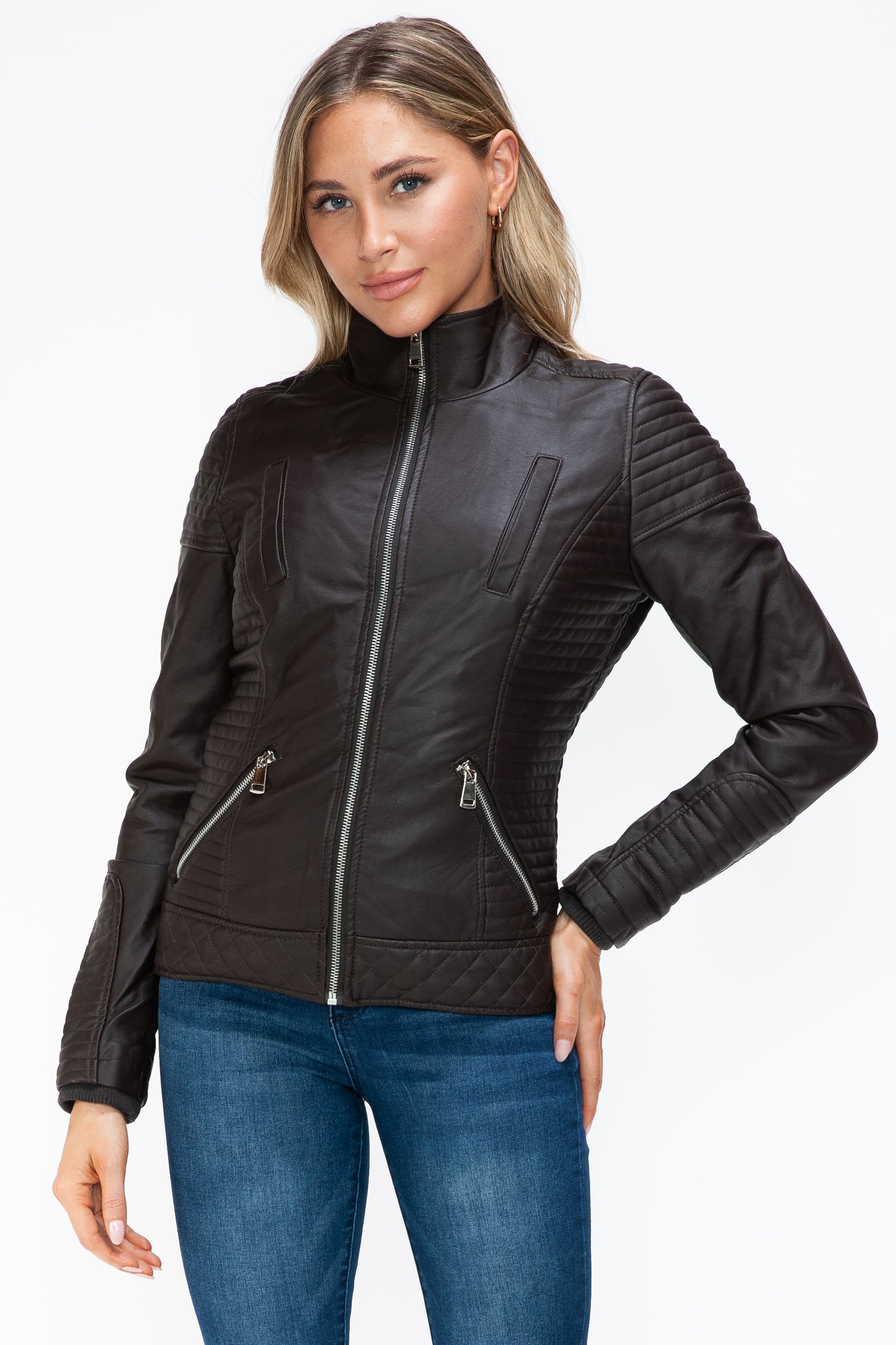 YMI Faux Layered Double-Zipper Jacket with Fuzzy Hood - Teresa's Fashionista LLC