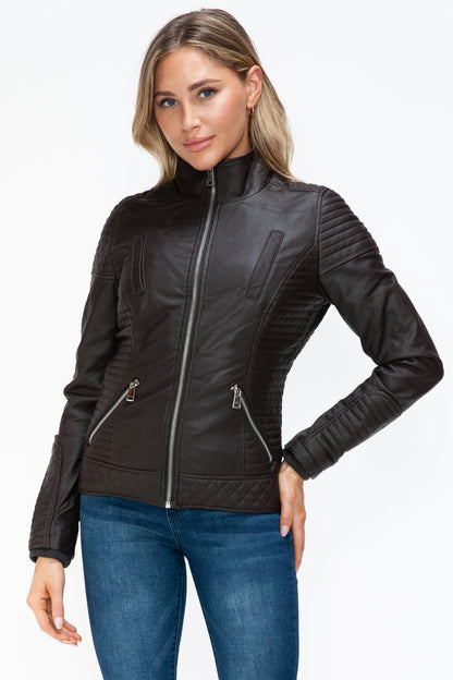 YMI Faux Layered Double-Zipper Jacket with Fuzzy Hood - Teresa's Fashionista LLC