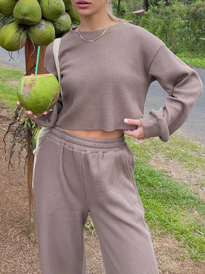 Waffle-Knit Round Neck Top and Pants Set-Teresa's Fashionista LLC