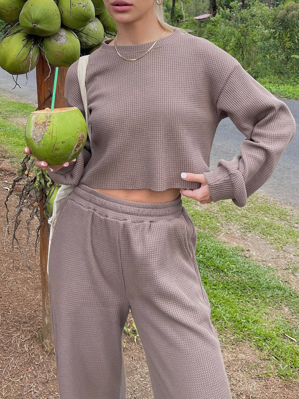 Waffle-Knit Round Neck Top and Pants Set-Teresa's Fashionista LLC